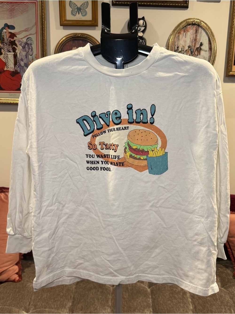 White "Dive In!" Graphic Long Sleeve Shirt